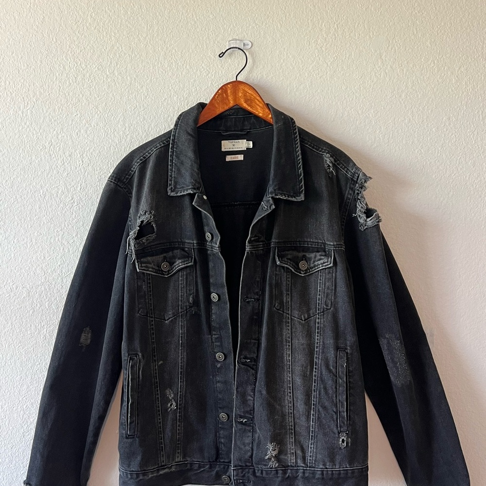 Topman Men's Black Distressed Denim Jacket